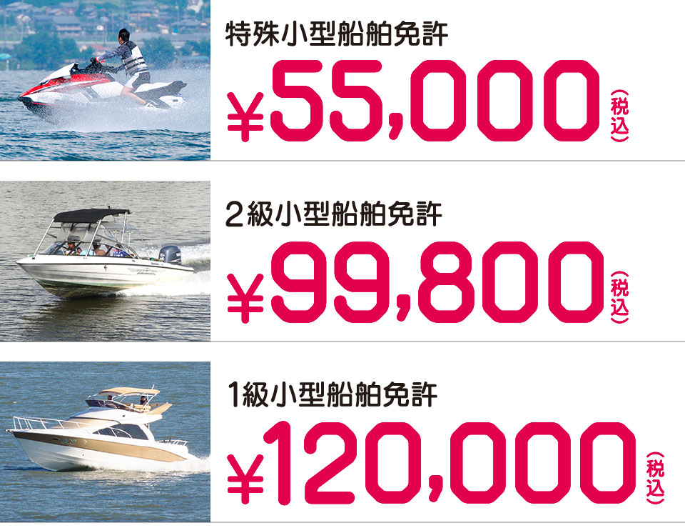 特殊小型船舶免許55000円。 2級小型船舶免許99800円。 1級小型船舶免許120000円。