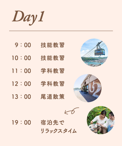 合宿免許1日目。9時から技能教習、10時から技能教習、11時から学科教習、12時から学科教習、13時から尾道散策、19時から宿泊先でリラックスタイム